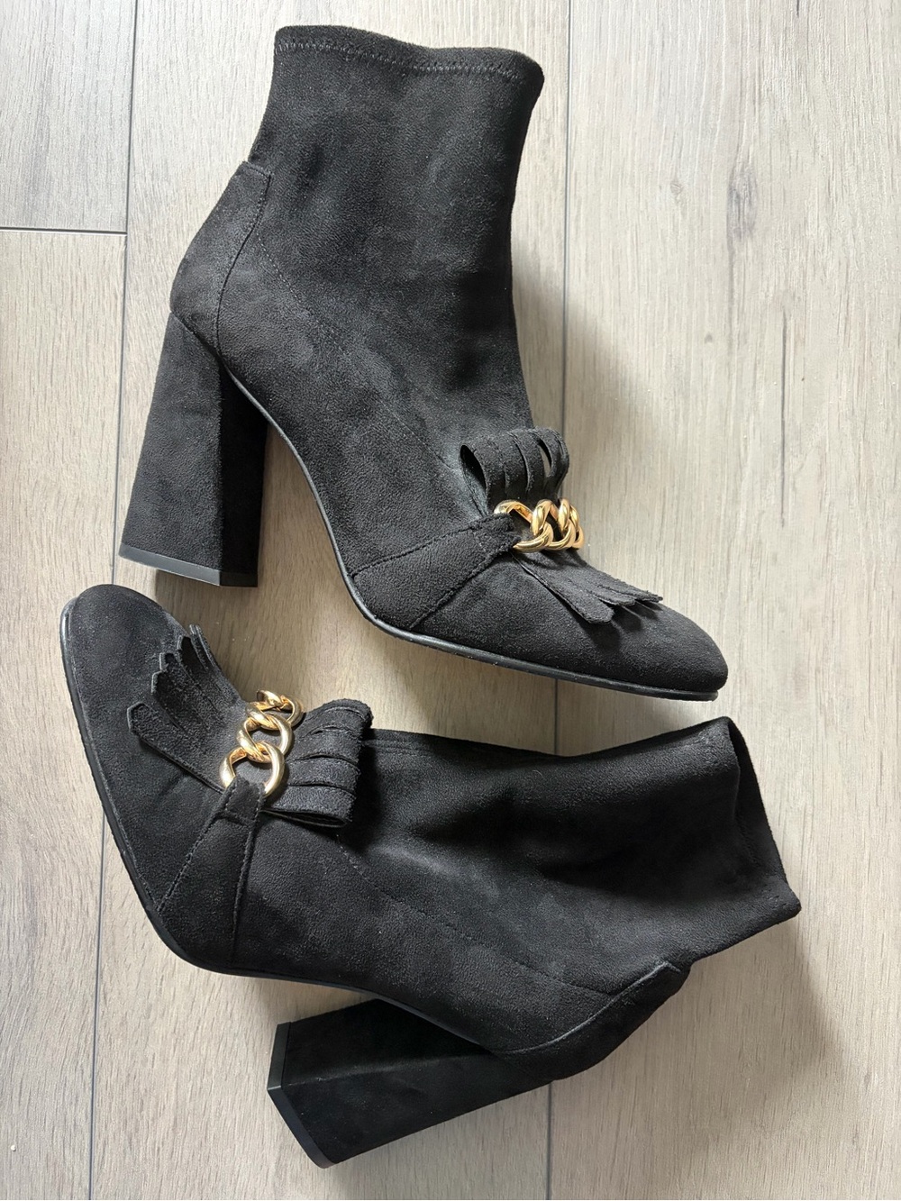Stuart Weitzman Black Suede Fringe Ankle Boots with Gold Chain Accent